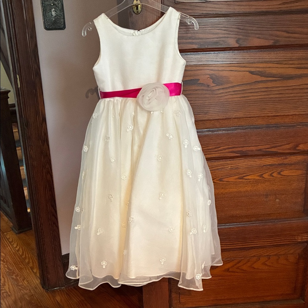 J.O.A. Ivory Flower-Embroidered Tulle Dress with Fuchsia Sash